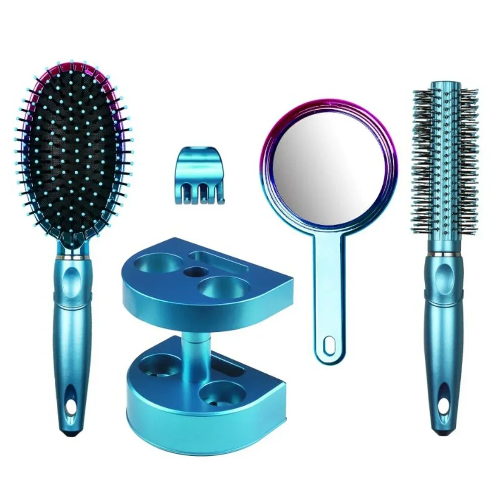 NEW SET OF 2 Bundle 5-Piece Hairbrush Brush Set Hand Mirror Beauty Brush